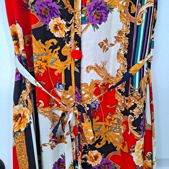 Neeru Kumar Midi Dress Pearl Buttons Sleeveless Red Black Gold - Picture 5 of 7